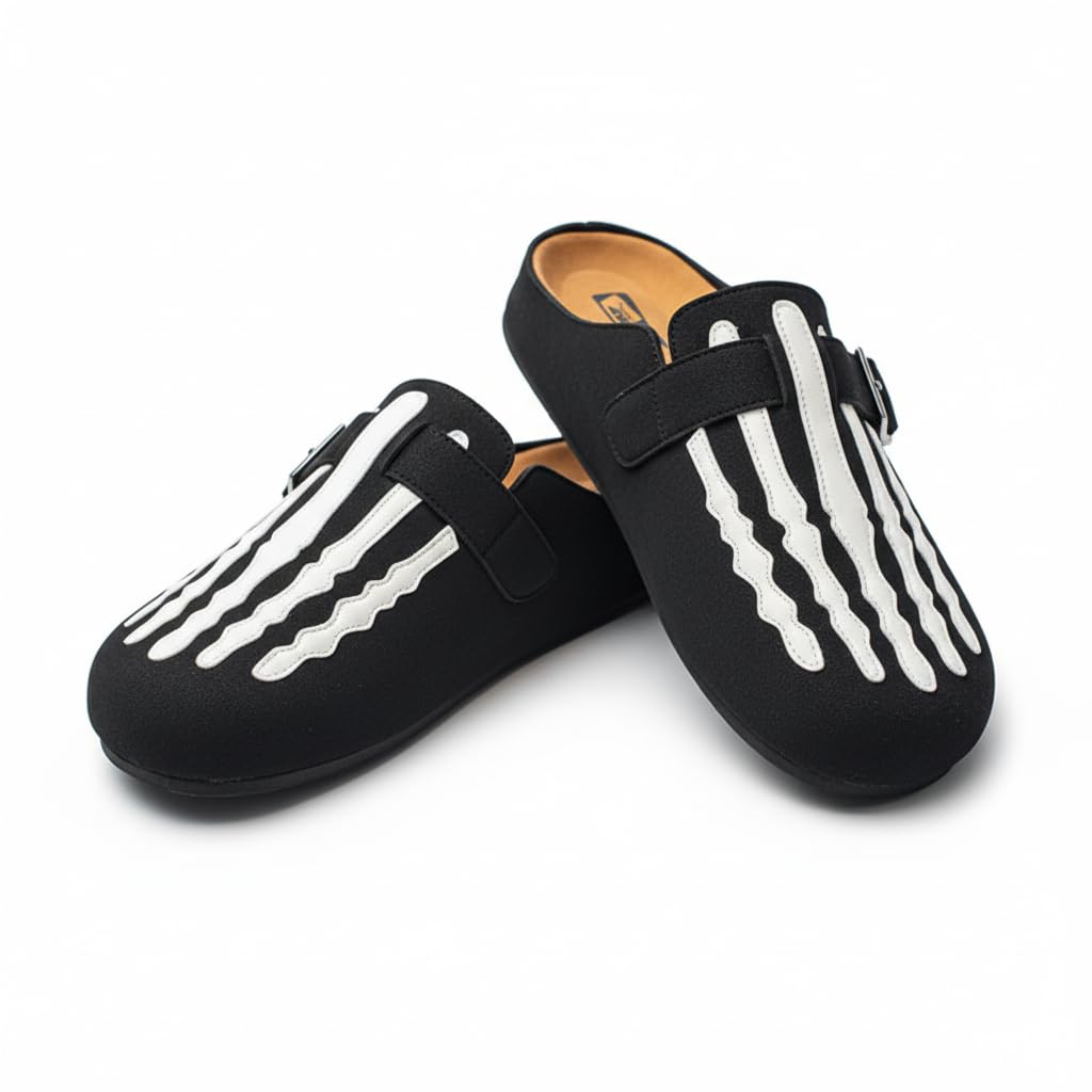 CTKVbmeoi Gothic Faux Suede Slip On Mules for Men Casual Indoor Outdoor Streetwear Clogs with Funny Skeleton Bone Graphic and Adjustable Buckle Strap