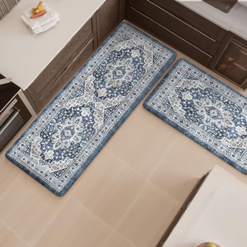 Image of LEEVAN Blue Anti Fatigue Mats for Kitchen Floor Sets of 2,Memory Foam Cushioned Kitchen Mats for Floor,Non Slip Waterproof Ergonomic Boho Kitchen Mat for Sink,Laundry,Home,Office(17''x29''+17''x47'')