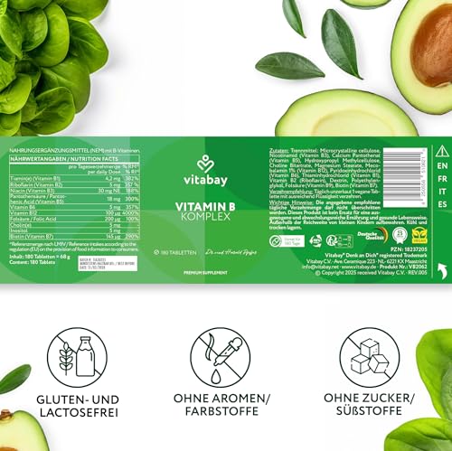 Vitabay Vitamin B Komplex hochdosiert - 180 Tabletten für 6 Monate - enthält alle 8 B-Vitamine (B1, B2, B3, B5, B6, B7, B9, B12) - Vit B Komplex ohne Zusätze - vegan und laborgeprüft in Deutschland