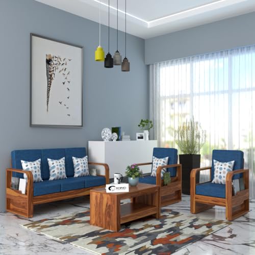 Image of Solid Sheesham Wooden 5 Seater Sofa Set for Living Room | Sofa Set with Side Pocket Storage & Cushion | Rosewood Sofa Set for Home (Honey with Blue Cushion, 5 Seater)