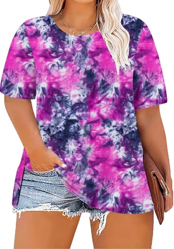 Women's Plus Size Crewneck Tops Half Sleeve Summer T-Shirt Loose Fit Blouse Casual Tunic with Side Split XL- 5XL