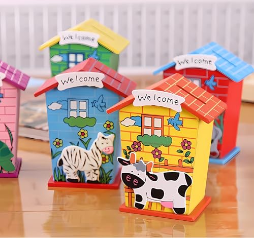 Image of 3pcs Wooden Piggy Banks - Return Gifts Birthday Party for Kids, Colourful Animal Hut Shaped Coin Banks - Return Gift for Kids Birthday Age 6-10 6-12