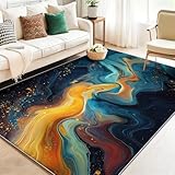 Alfombra Abstracto Textura Curva Remolino Pelo Corto Antideslizante Alfombra Azul Amarillo Fácil de Limpiar Alfombras para Habitacion Comedor Dormitorio Cocina, 50 x 80 cm