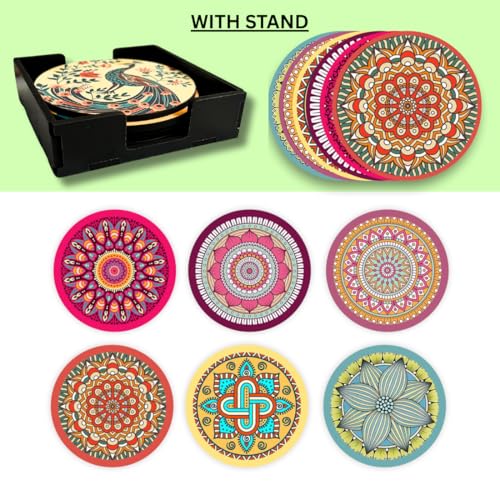 Image of Zesta Coasters for Cups Set of 6 / Wooden Coasters for Bar Accessories for Home /Tea Coaster Set of 6 / Waterproof Dining Table Decor Glass Cover (Mandala B, Circle)