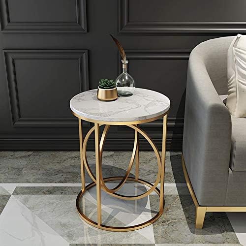Telephone Table, Marble Side Table Round Coffee Table Telephone Table for Living Room Bedroom,Golden Wrought Iron Base,40x60CM (White