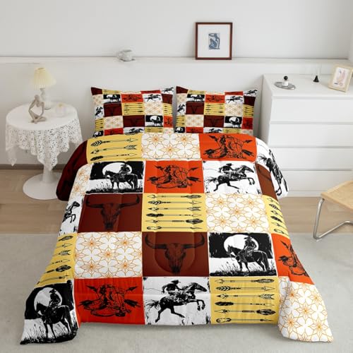 Image of Feelyou Boys Western Bull Skull Bedding Set Kids Teens Boho Cow Longhorn Skullhead Comforter Set Queen Size Bohemian Cowboy Duvet Insert Southwest Country Ranch Room Decor