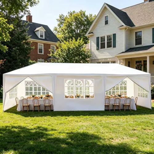 Image of 10x30 White Canopy Tent with 8 Removable Sidewalls and Windows, Waterproof Outdoor Party Gazebo Tent for Backyard Wedding Events BBQ Graduation