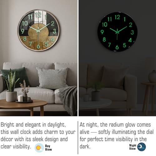Image of RANDOM Modern 12.75INCH Wall Clock with 3D Radium Numbers, Silent Non-Ticking, Premium Black Frame, Ultra Clear Glass for Living Room, Home Office