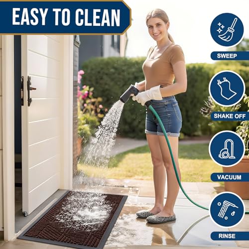 Image of Smiry Front Door Mat Outside Entrance, Heavy Duty Sturdy Natural Rubber Doormat, Trap Dirt and Moisture, Easy Clean Low Profile Welcome Floor Mats for Indoor Outdoor Entry, 35X23 Inch, Deep Brown