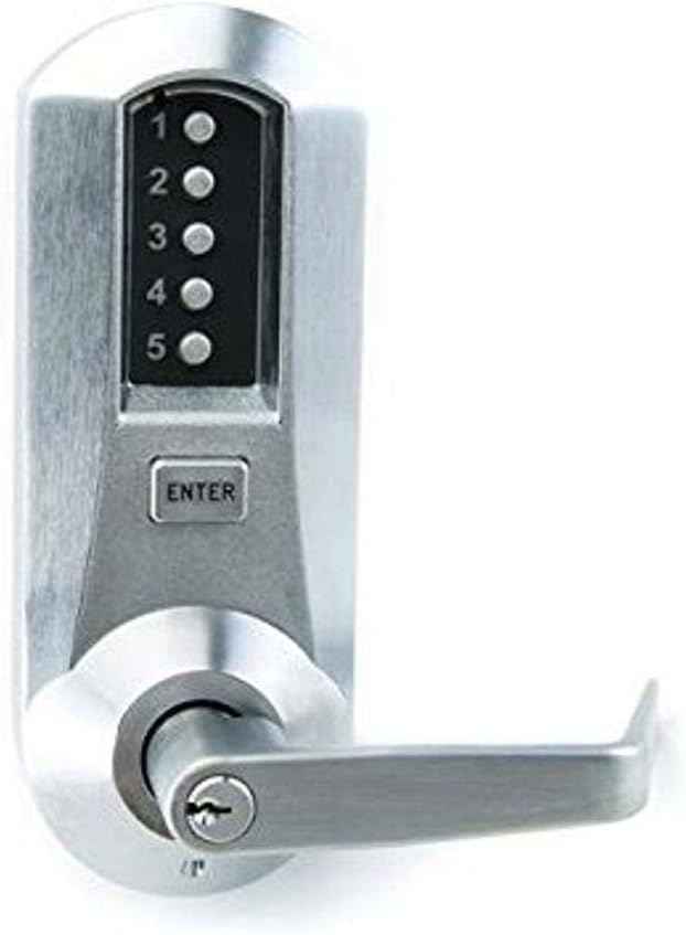 5021XSWL26D Kaba 5000 Series Cylindrical Mechanical Pushbutton Lock, 13mm Throw Latch, Floating Face Plate, 70mm Backset, Kaba Cylinder (Schlage"C" Keyway) Included, Winston Lever, Satin Chrome Finish