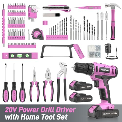 PULITUO Power Drill Tool Kit with 20V Cordless Drill/Driver, Electric Screwdriver, 2 Batteries & Charger, LED Light, 199-Piece Pink Home DIY Tool Set with Toolbox, Drill Set for Women & Men (Pink) - image 2