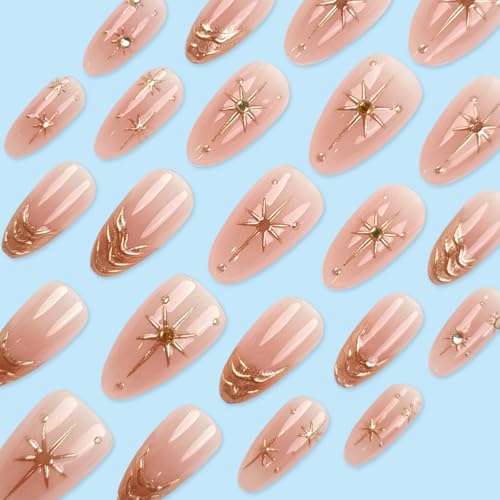 Image of Gold Press on Nails French Tip Fake Nails Nude Glossy False Nail with Rhinestone Design Star Glue on Nails Reusable Artificial Acrylic Full Cover Stick on Nail for Women Manicure 24Pcs