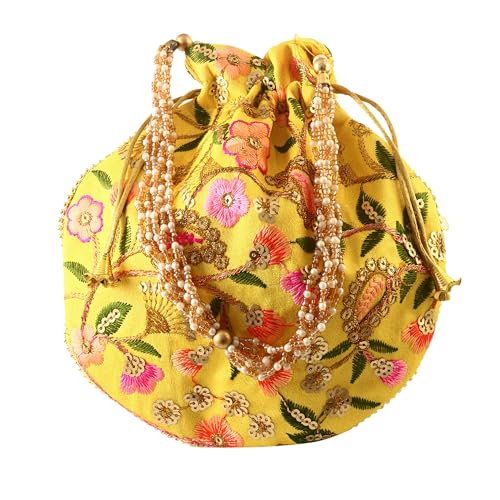Image of Handcrafted Potli Purse with Golden Floral Embroidery and Pearl Accents