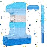 Birchio Number 1 Pinata Bundle with a Blindfold and Bat(16.2 x 10.7 x 4 Inches), Perfect for Boys and Girls Birthday Party Supplies, Blue Theme Birthday Decoration