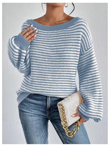 Image of SOLY HUX Women's Off The Shoulder Striped Sweaters Oversized Long Sleeve Knit Pullover Tops