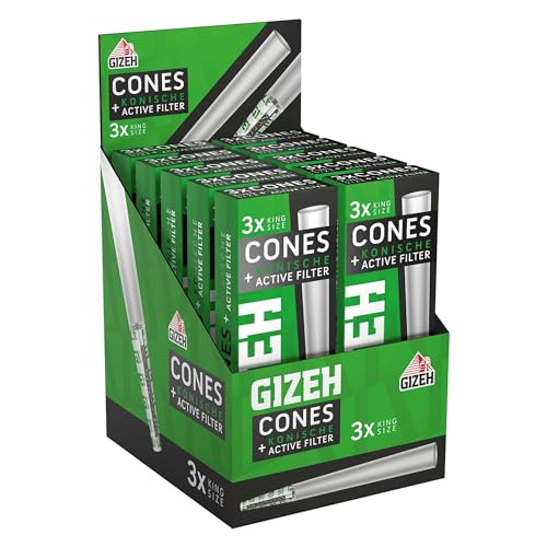 GIZEH Cones Hülle mit Aktivkohlefilter 3 Stück Ø 6mm - King Size Pre Rolled Cone Activ Filter/vorgedrehte konische Hülsen gebleicht (10 Packungen - Display)