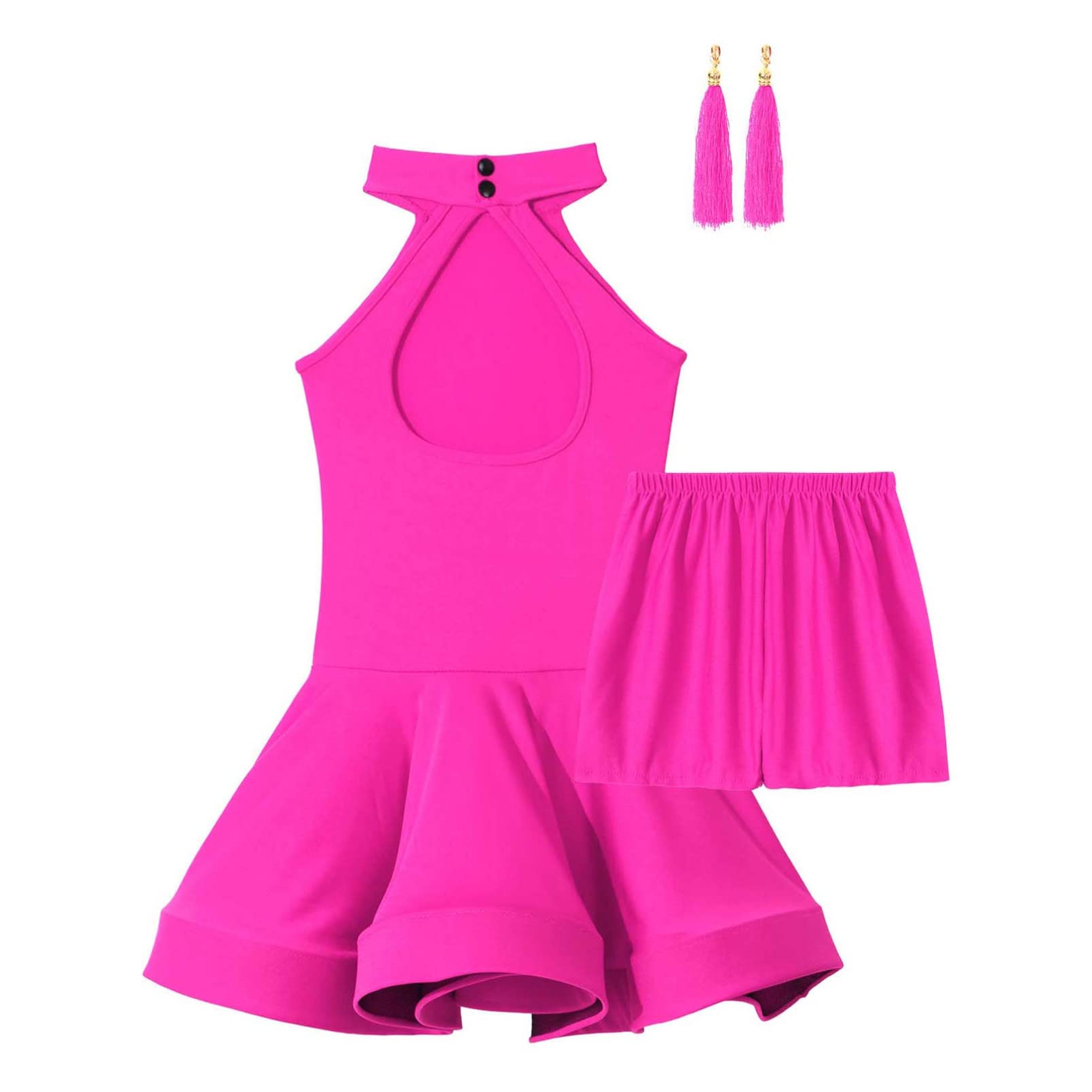 inhzoy Vestito da Ballo Latino Americano Bambina Ragazza Latin Dance Dress Abito da Danza Samba Tango Salsa + Pantaloncini + Orecchini con Nappe Ballroom Dancewear Performance