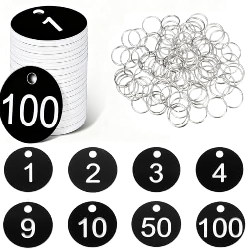 JCTEEY 100 unidades de etiquetas numeradas grabadas, 1-100 etiquetas numeradas de plástico, identificación de plástico, impermeables con agujero para equipaje, guardarropa, taquillas