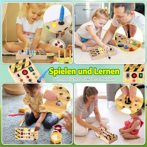 Hoarosall Montessori Busy Board Spielzeug mit LED Lichtschalter Activity Board Holzspielzeug ab 1 Jahr Motorikspielzeug Sensorik Spielzeug Lernspielzeug für Babys und Kleinkinder ab 1 2 3 Jahre