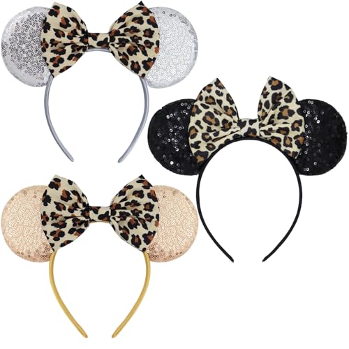 LIHELEI Mouse Ears Headband with Leopard Bows Animal Kingdom Headbands for Halloween Costume Party Headwear Hair Accessories for Women - Silver&Rose Gold&Black
