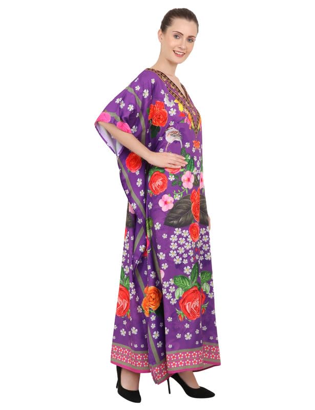 Image of Miss Lavish London Purple Floral Kaftan Dress for Women V Neck Batwing Sleeve Maxi Beach Cover Up, Ethnic Rose Print Plus Size Caftan with Side Slits & Pockets, Resort Wear Swimsuit Coverup-Purple-S