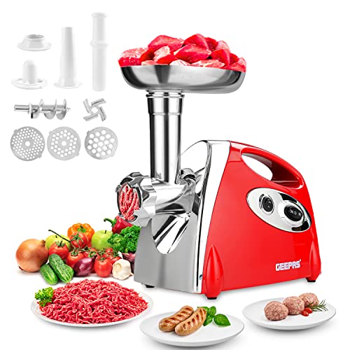 Geepas Electric Meat Grinder 1800W – Stainless Steel Meat Mincer & Sausage Stuffer, Food Grinding Mincing Machine with Kibbe Attachment – 3 Different Cutting Plates, Reverse Function, Plastic Housing