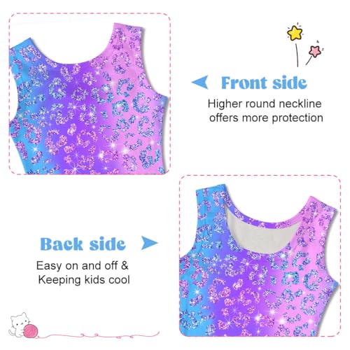 Funnycokid Gymnastics Leotards for Girls Kids Outfits Sparkly Unitards Clothes with Shorts, Leopard Diamond Purple, 6-7 Years - Thumbnail 3
