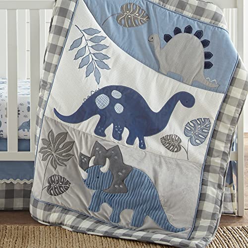 Levtex Baby - Kipton Crib Bed Set - Baby Nursery Set - Grey, White And Blue - Dinosaurs And Leaves - 4 Piece Set Includes Quilt, Fitted Sheet, Wall Decal & Skirt/Dust Ruffle #TOP2