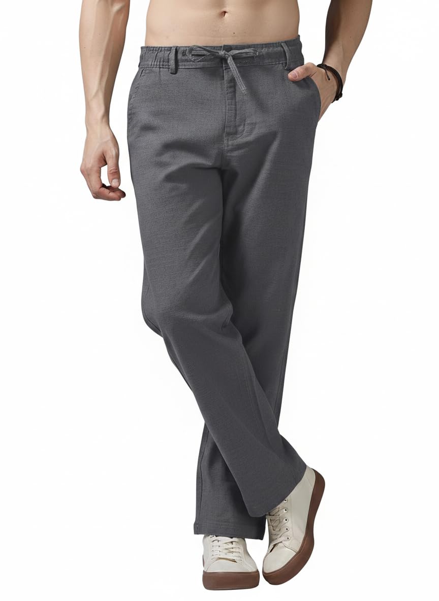 Men’s Grey Regular Fit Straight Pants | Comfortable Stylish Trousers for Men | Soft Fabric Chinos for Everyday Wear, Travel & Office | Linen Cotton Bottom Wear | Casual Trousers for Men