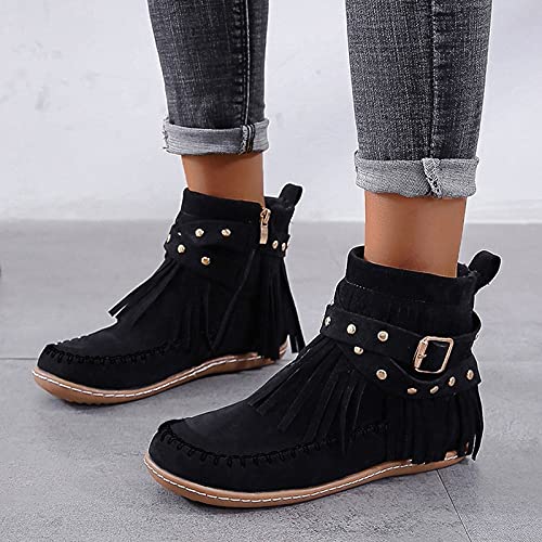 Womenyiaor Women's Fringe Western Cowgirl Boots Ankle Boots Cowboy Boots Suede Tassel Boots Fashion Pull On Short Boots Round Toe Flats Retro Winter Low Heel Booties2