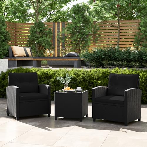 Image of Tangkula 3 Piece Patio Furniture Set, Rattan Conversation Set w /Soft Seat & Back Cushions, Tempered Glass Topped Coffee Table, Cushioned Wicker Seating Set for Backyard, Porch, Poolside (Black)