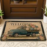 Vintage Truck Doormat, Blue Pickup Welcome Mat for Outdoor & Indoor Entryway Rustic Decor, Rubber Waterproof Non-Slip Dirt Resistant Front Mats, Easy Clean 29x17 Inch
