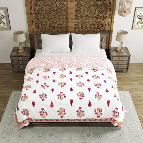 Image of BLOCKS OF INDIA Hand Block Printed Cotton King Size Quilt /Rajai (90 inch X 108 inch) (Pink Rose)