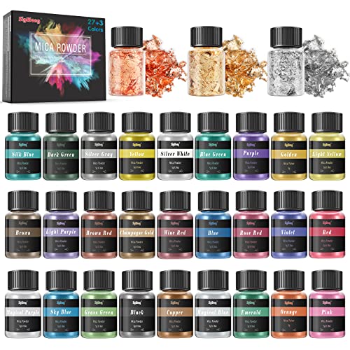 Poudre de mica - Colorant de Savon 30 Couleurs, Pigments Résine Époxy Poudre en Mica (5g) + 3 Flocons de Feuilles d'or (2g) pour brillant à lèvres, vernis à ongles, fabrication de bougies