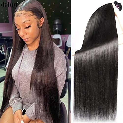 DÉBUT Silky Straight Hair 4 Bundles X Real Protein Hair Extensions 4pcs/Pack Affordable Super Long Straight Hair Weave for Black Women 1B Color 28 28 30 30 Inches