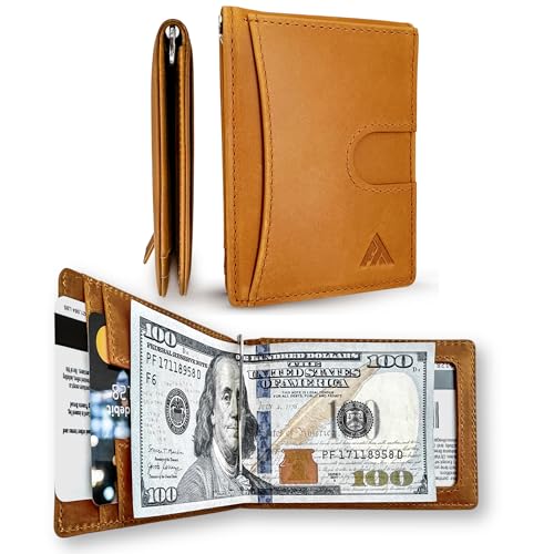 Minimalist wallet for men slim front pocket wallet with money clip combo bifold leather wallet with pull tab credit card holder RFID blocking (Hybrid, Tan)2