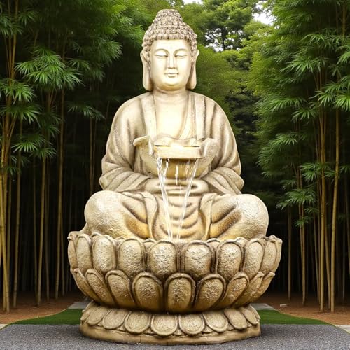 Image of 44 inch Kamal Buddha Water Fountain for Home & Garden|Fiber Buddha Fountain with LED Light|Indoor Outdoor Fountain for Vastu & Positivity (Beige, 44 inch Super Buddha Fountain)