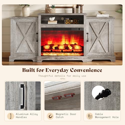 Image of AMERLIFE 70 inch Farmhouse Fireplace TV Stand with Storage for TVs up to 80 inch | Entertainment Center with 29 inch Electric Fireplace, Media Console with 2 Cabinets & Adjustable Shelf, Light Grey