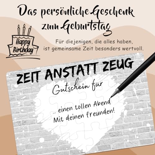 24-teilig Gutschein Puzzle mit Baumwoll-Säckchen, Zeit anstatt Zeug, Gutschein zum selber ausfüllen - Geburtstagskarte, personalisierte Geschenke für Freundin Frauen Männer, Geburtstagsgeschenk