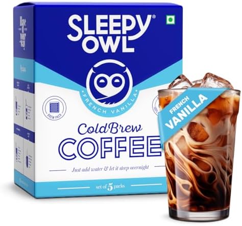 Sleepy Owl Coffee French Vanilla Cold Brew Packs | Set of 5 Packs - Makes 15 Cups |3 Step Brew - No Equipment Required | 100% Arabica Beans - Sourced Directly from Farms