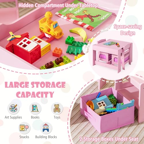 Image of GLACER Kids Table and Chairs, 3 in 1 Wooden Activity Table with Storage, Reversible Tabletop, Chalkboard for Crafts, Drawing, Reading, Toddler Table and Chair Set for Playroom, Easy to Clean(Pink)