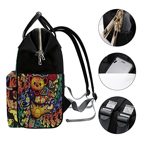 Waterproof Backpack for Women Mommy Mom Casual Bag Daypack Fashion Multiple Pockets Modern Graphic Lovely Grateful Dancing Dead Bears Rose Black3