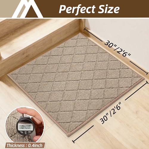 Image of COSY HOMEER Edging Stair Treads Non-Slip Corner Indoor Stair Runners for Wooden Steps,Landing Slip Resistant Stair Rugs Mat for Kids and Dogs,100% Polyester TPE Backing,Beige,30x30 inch