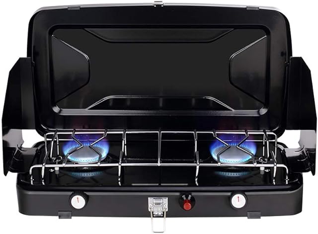 Camplux JK-8620 Portable 2 Burners Camping Stove, Outdoor Foldable Camp Gas Stove 2.4kW, Compact Butane/Propane Gas Cooker with Windshield