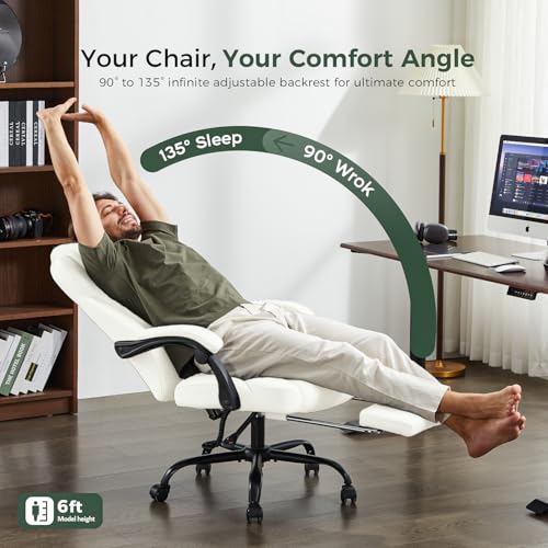 Image of amseatec Big and Tall Office Chair with Footrest, Lumbar Support, White | Ergonomic Leather High Back, Infinite Lock Reclining 90-135, 20 Spring Packs, 300lbs Capacity, Executive Desk Chair