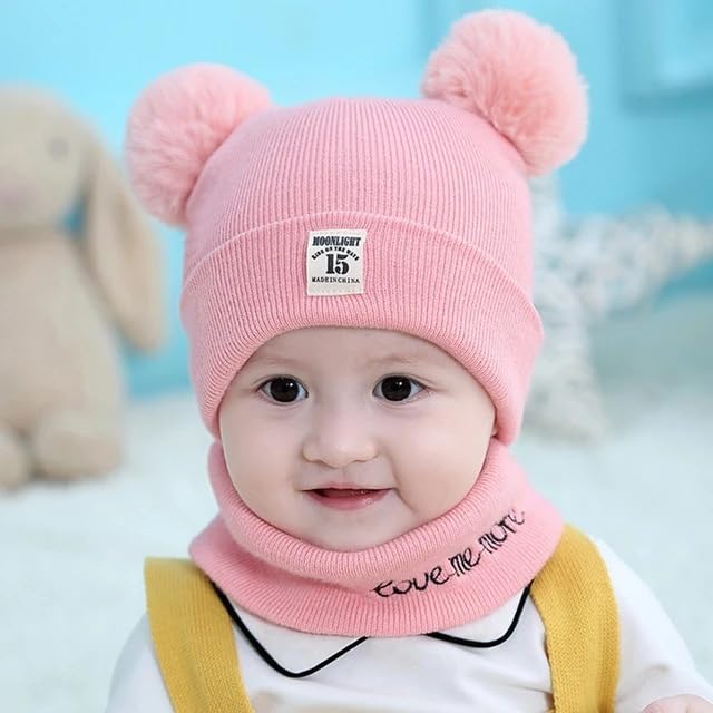 REFFER Baby Winter Cap; Kids Cap; Neck Warmer Set 3 Layers Warm Fabric Inside fits for 6 Month to 3 Years (Pink (Cap + Neck Warmer + Gloves Set) (6 Months to 3 Years)) 2