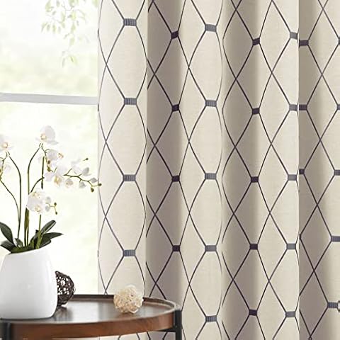 Grey Curtains 45 inches for Kitchen 2 Panels Set Black Geometric Embroidered Window Curtains Room Darkening Drapes Cotton Linen Textured Diamond Striped Pattern 52x45 Grey Cover