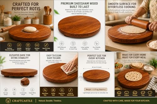 Image of Wooden Floral Design Rolling Board, Teak Wood Chakla Polpat for Roti, Chapati & Paratha Making, Durable Kitchen Chakla, 10 Inch