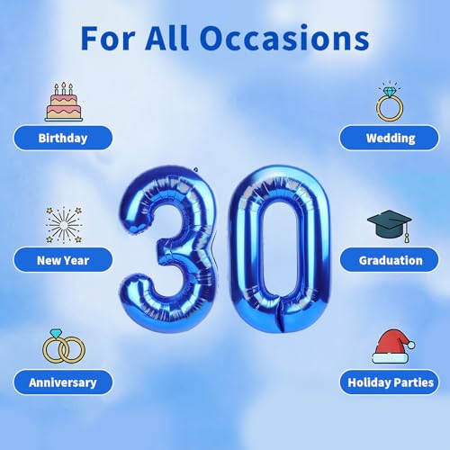 Image of Number Balloons Navy Blue Balloons - Giant Number 30 Balloon, Blue 30th Number Balloon Birthday Decorations for Him