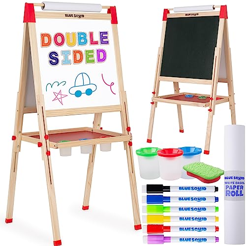 Blue Squid Art Easel for Kids Including Accessories - Double Sided Adjustable Wooden Painting Easel with Magnetic Chalk Board, White Board and Paper Roll for Toddlers Ages 3,4,5,6,7,8,9,10,12